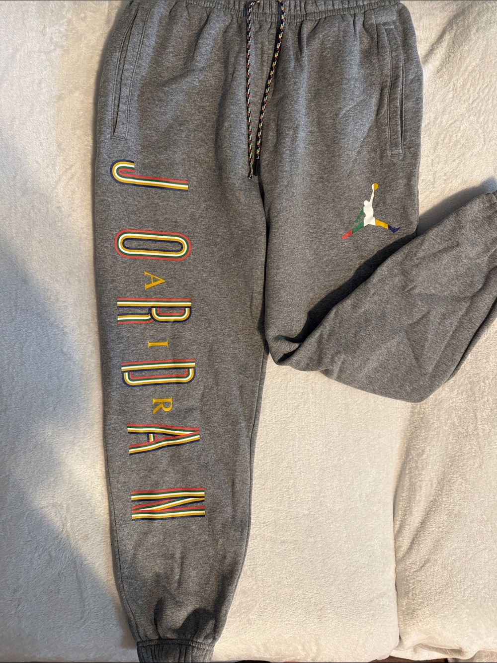 Jordan Gray Joggers with Multicolor Jumpman and Stacked Logo